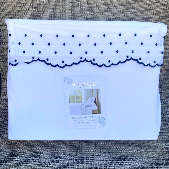 Shabby Chic White Cotton Embroidered Scallop Dot Navy Blue QUEEN Sheet Set 4pc - Picture 2 of 9